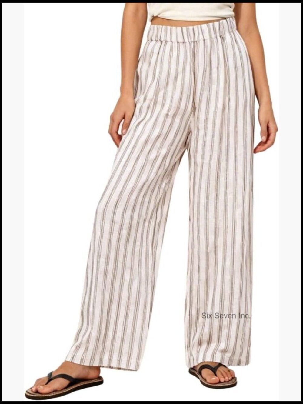 100% Linen Striped Wide Leg Elastic Waist Pants